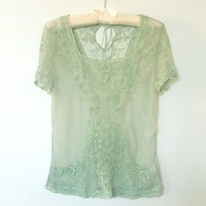 Mint Hand Embroidered lace Tee